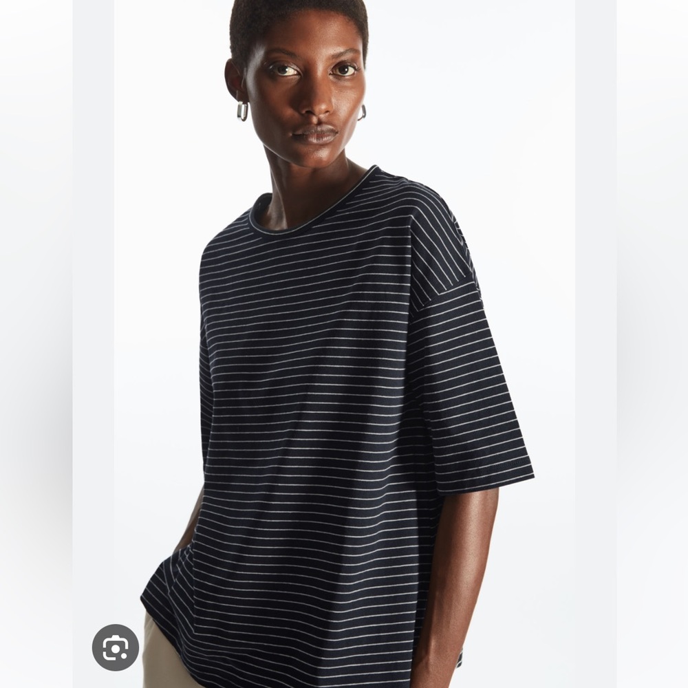 COS Navy Blue Striped T Shirt Linen Cotton Blend Boxy Fit Knitted T-Shirt
